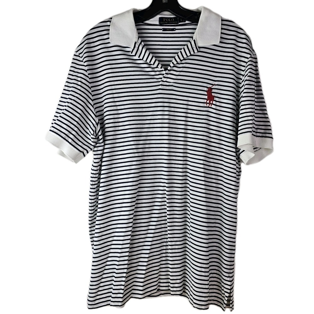 Polo Ralph Lauren Mens L White Blue Stripe Pro Fit Polo Shirt Big Red Pony